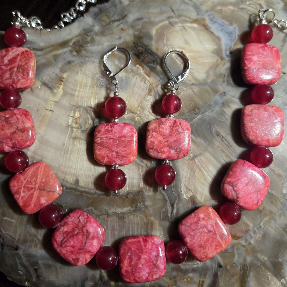Artisan Pink Sea Sediment Jasper With Rubies Necklace And Earring Set
